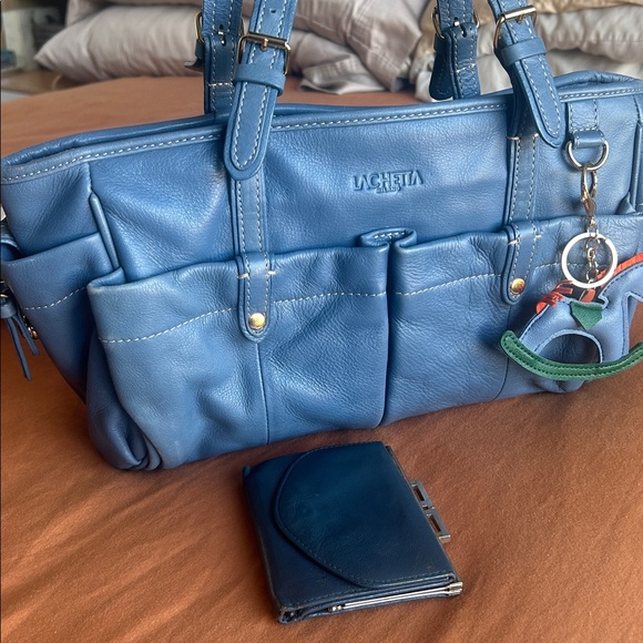 Italian Leather Blue Satchel Soft Pebbled Spring Shoulder Bag w/ Charm & Wallet - Picture 3 of 16